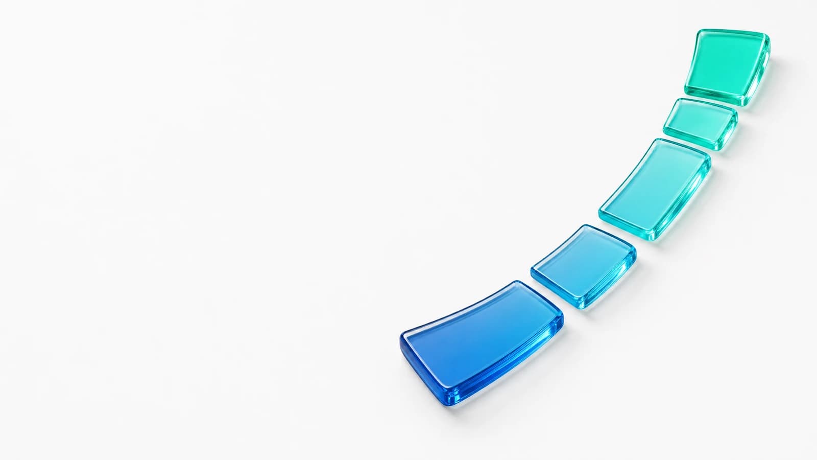 Abstract glass object in ALPENIQ blue: a flat glass band runs across the frame and breaks into several segments, one gap noticeably wider than the rest and lit in turquoise
