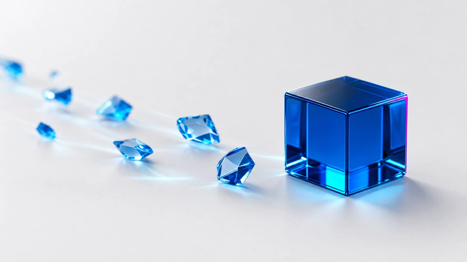 Abstract glass object in ALPENIQ blue: several scattered glass shards converging into one solid glass cube
