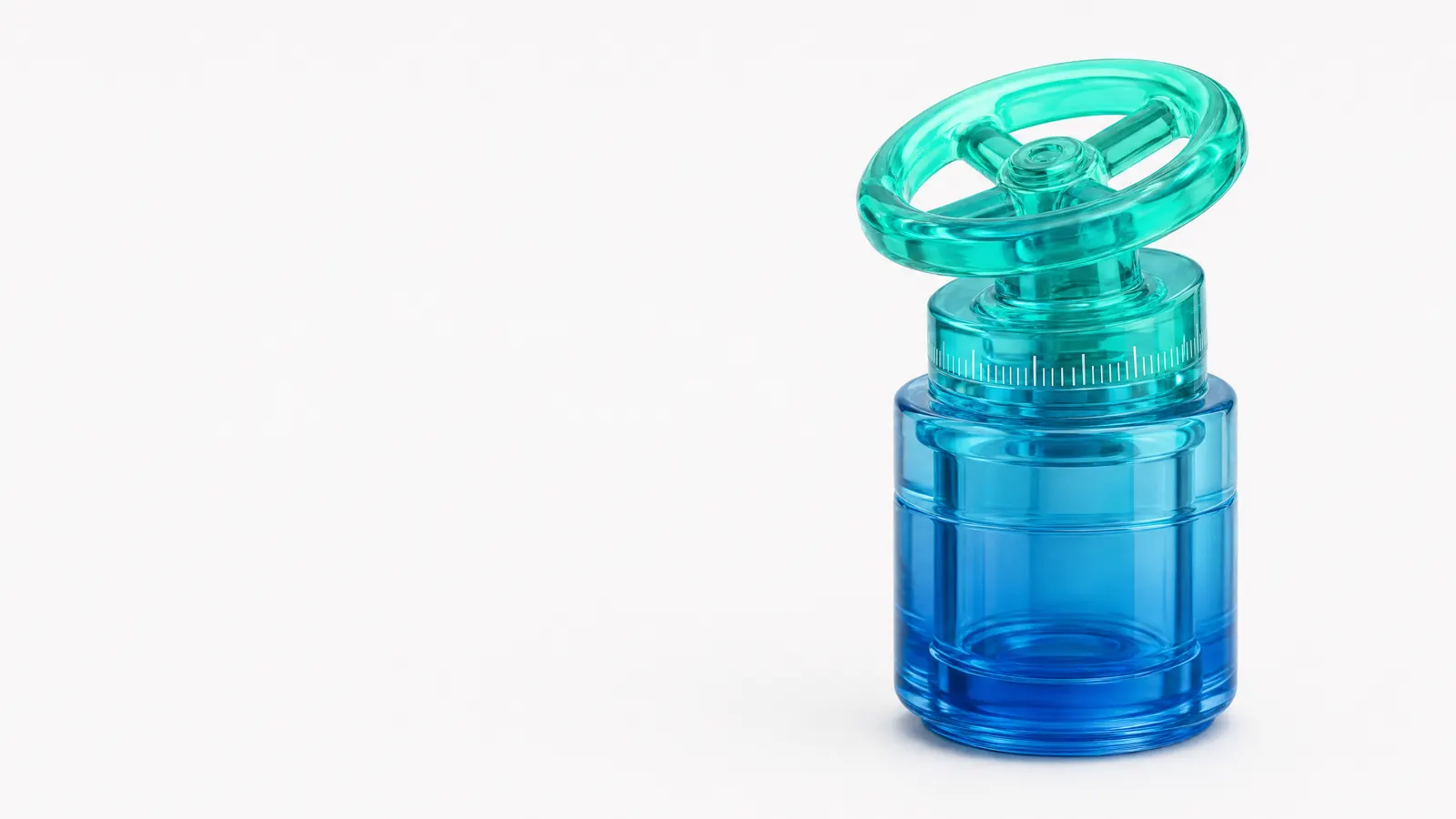 Abstract glass object in ALPENIQ blue: a glass shut-off valve with a handwheel and a fine scale ring at the neck