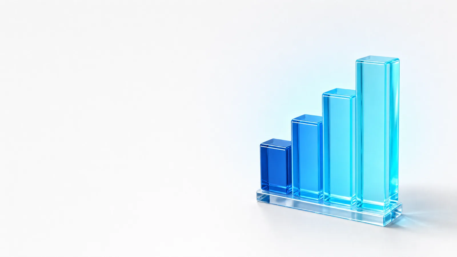 Abstract glass object in ALPENIQ blue: rising bar chart rendered in glass