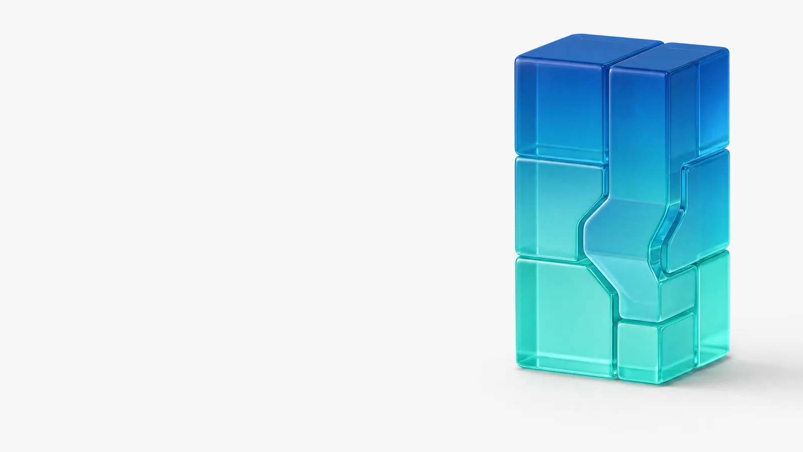 Abstract glass object in ALPENIQ blue: a block of interlocking segments, one of them custom-shaped