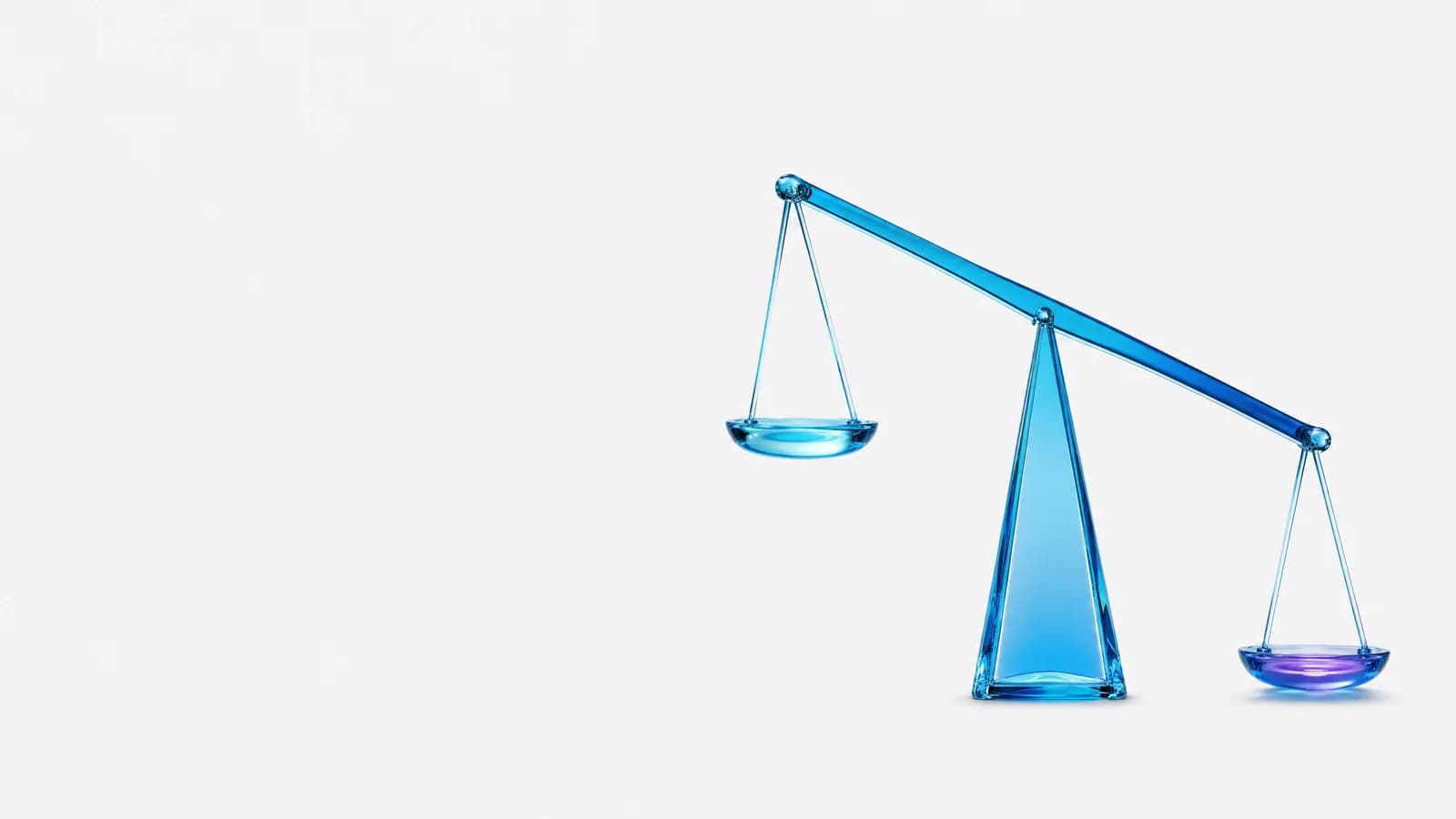 Abstract glass object in ALPENIQ blue: a balance scale tipped decisively to one side, the sunken pan glowing in the violet of the IT division