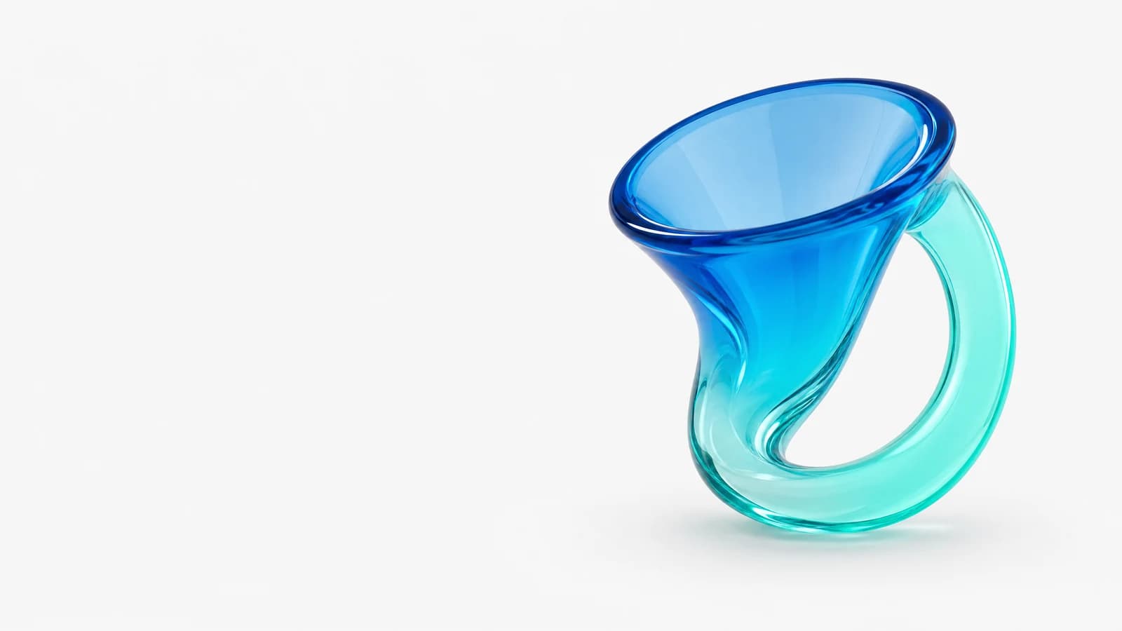 Abstract glass object: a funnel in deep ALPENIQ blue whose spout curves back in a turquoise arc and rejoins its own rim — a closed loop instead of an exit