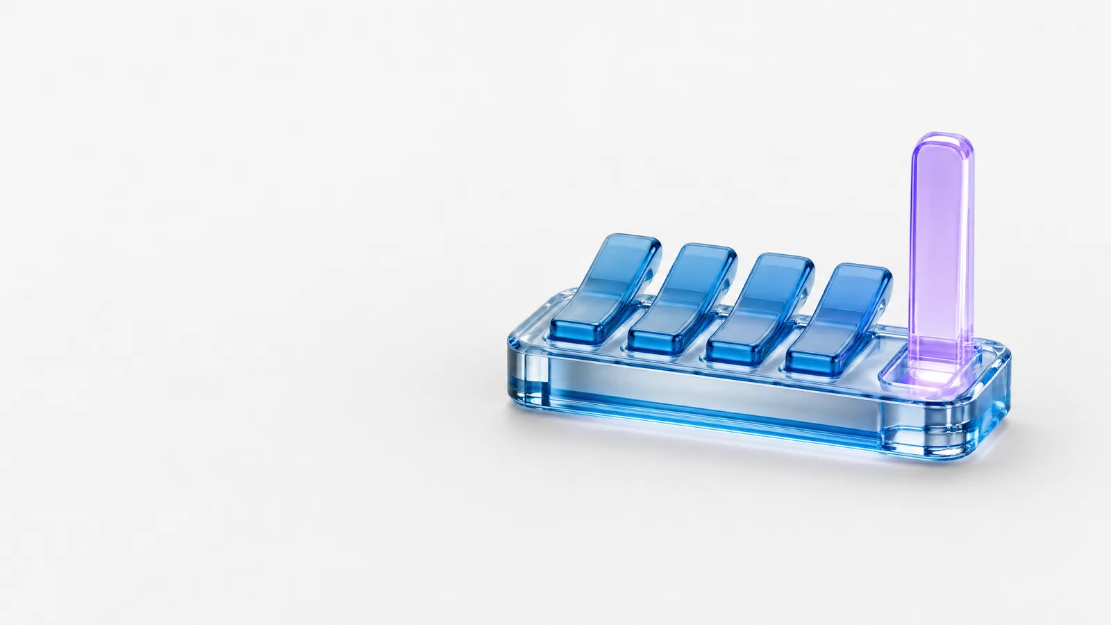 Abstract glass object in ALPENIQ blue: a row of glass levers lying flat, one standing upright and lit in the violet of the IT division