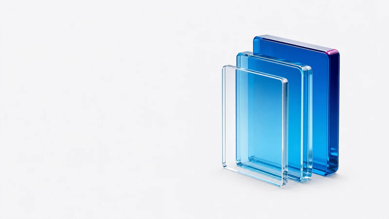 Abstract glass sculpture in ALPENIQ blue: three stacked panes rising from thin to thick, one bevel catching a magenta Labs accent