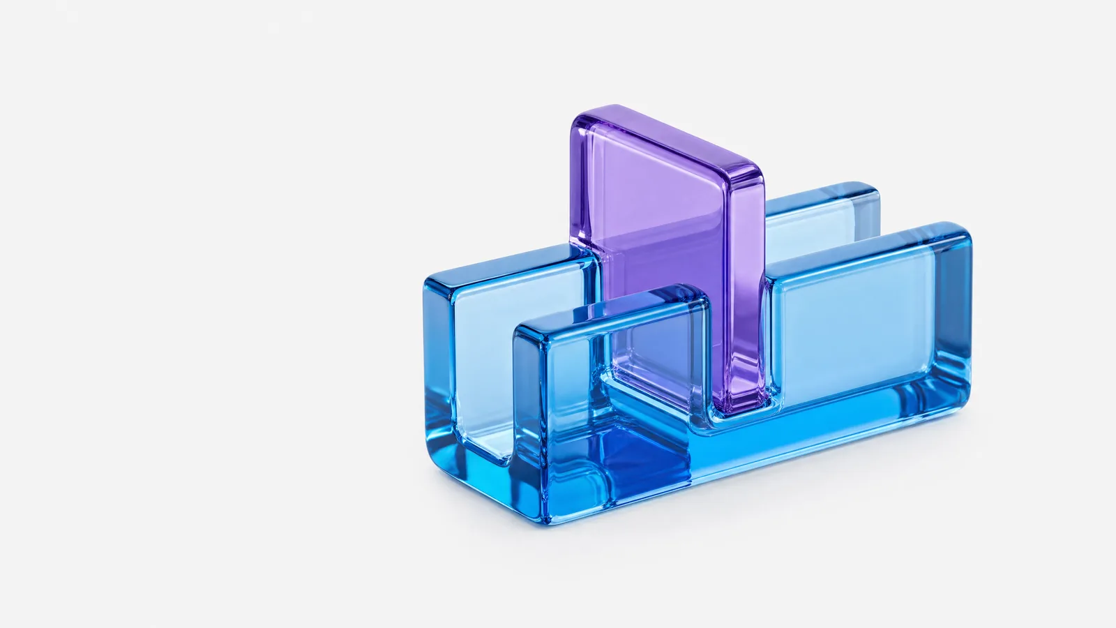 Abstract glass object in ALPENIQ blue: a straight glass track crossed by a single upright barrier, the track visibly continuing beyond it