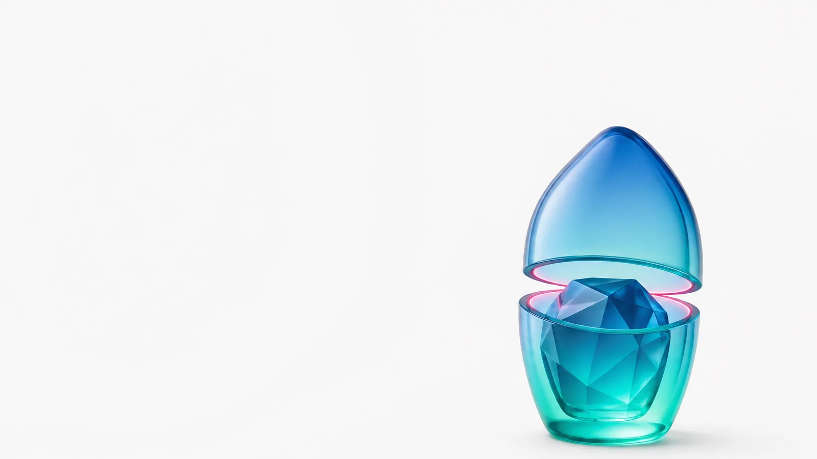 Abstract glass object in ALPENIQ blue: a smooth outer shell lifting away from the faceted core beneath it