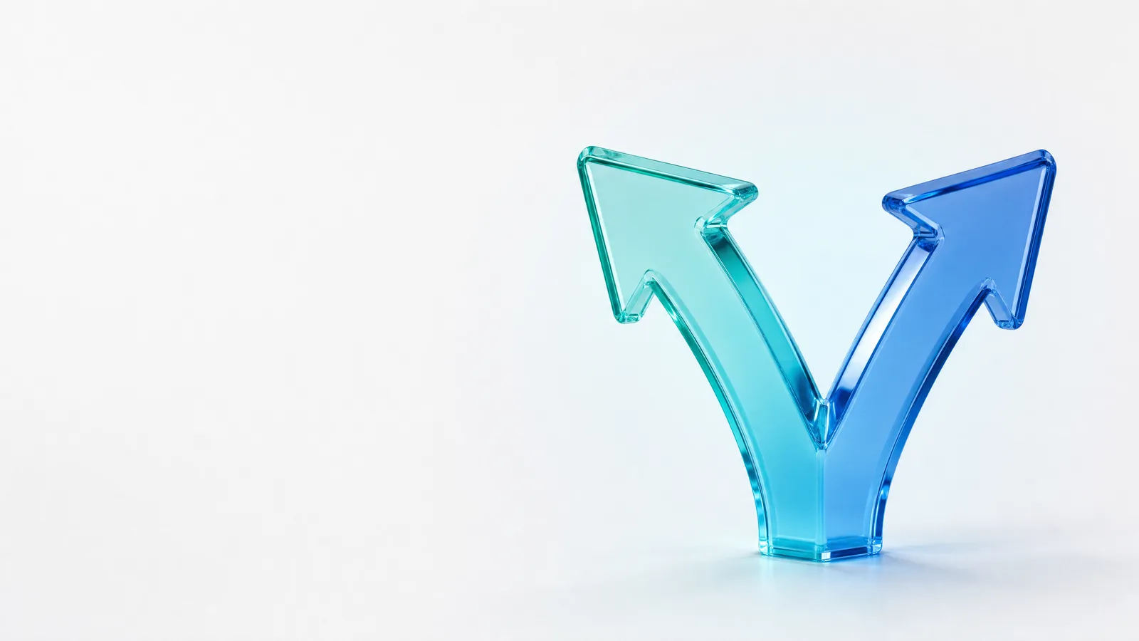 Abstract glass object in ALPENIQ blue: two diverging glass arrows