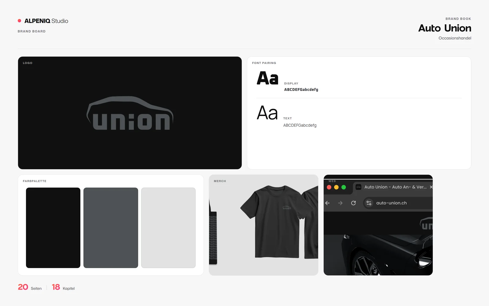 Brand Board zu Auto Union mit Logo, Farbfeldern, Type-Specimen, Merch und Web-Auftritt