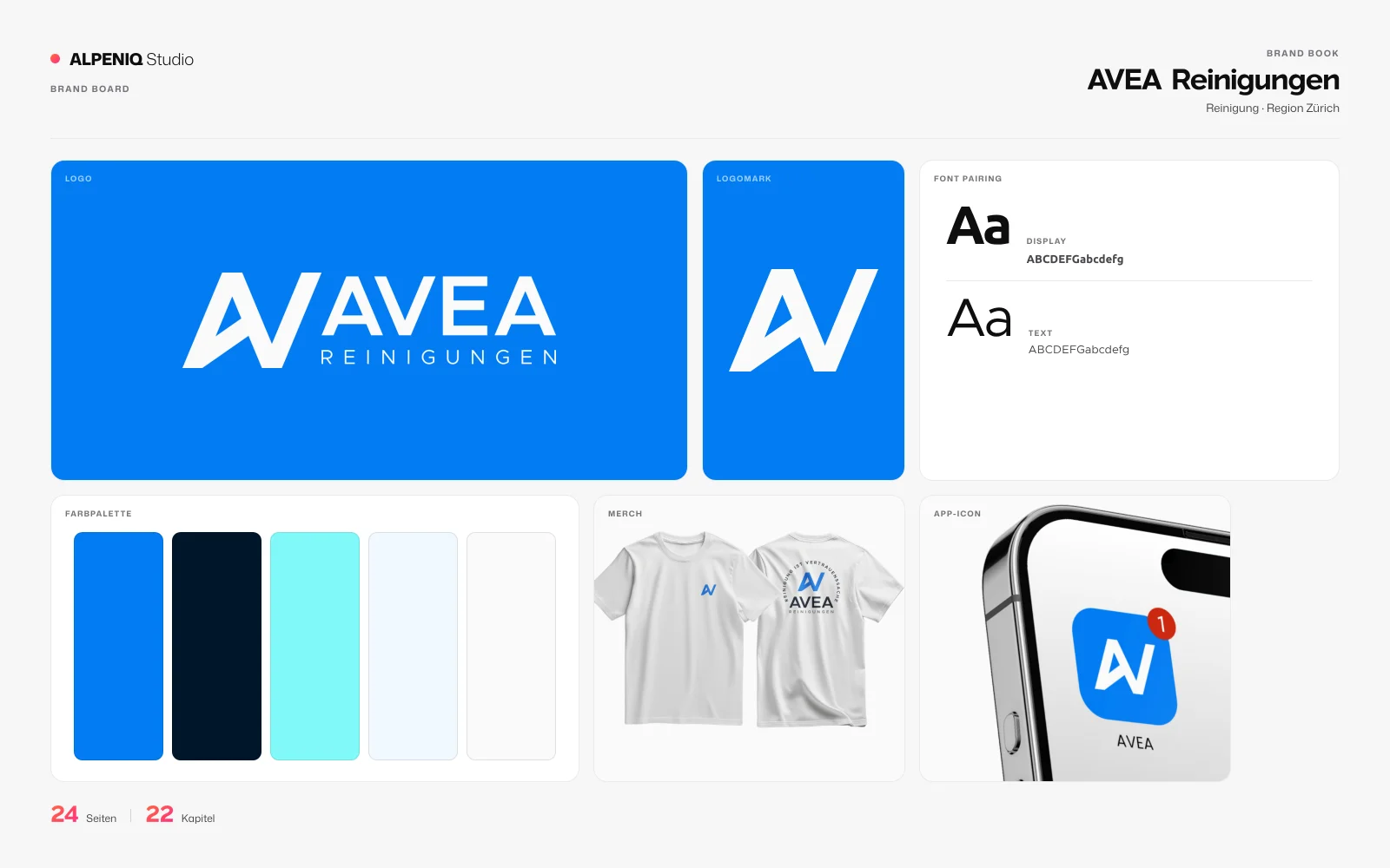 Brand board for AVEA Reinigungen: logo, logomark, colour chips, type specimen, merch and app icon