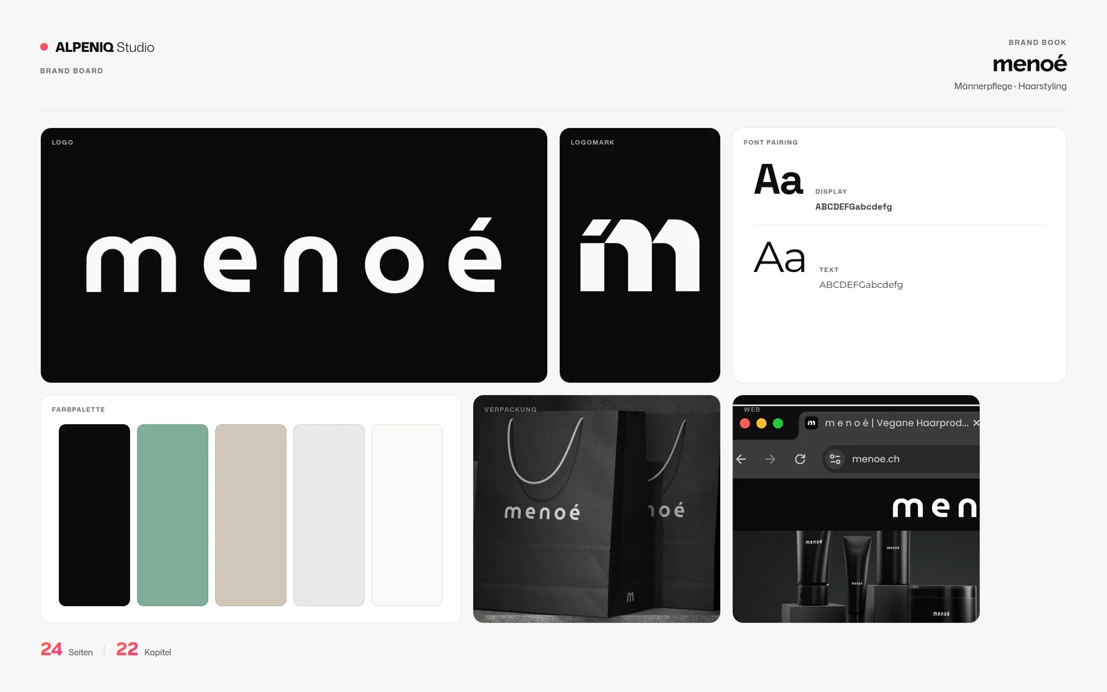Brand Board zu menoé mit Logo, Logomark, Farbfeldern, Type-Specimen, Verpackung und Web-Auftritt