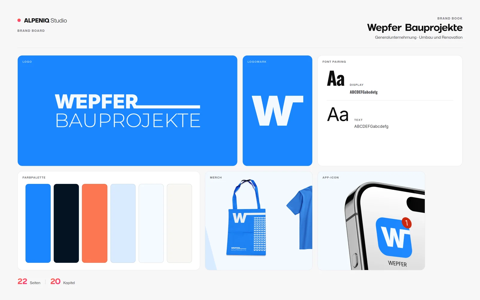 Brand Board zu Wepfer Bauprojekte mit Logo, Logomark, Farbfeldern, Type-Specimen, Merch und App-Icon