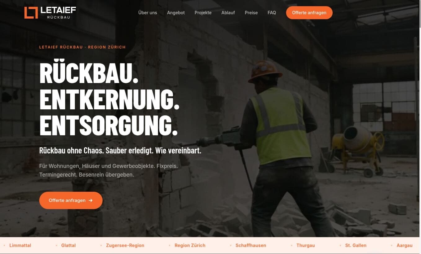 Startseite von Letaief Rückbau im ALPENIQ Projekt-Mockup