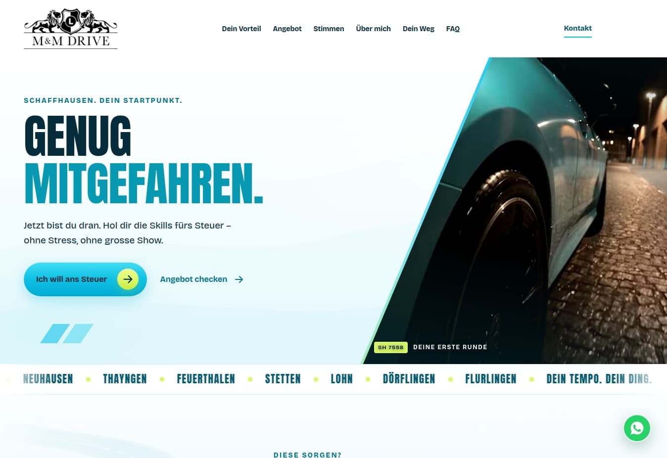 Startseite von M&M Drive mit türkisfarbenem Mercedes und Schaffhausen-Bezug