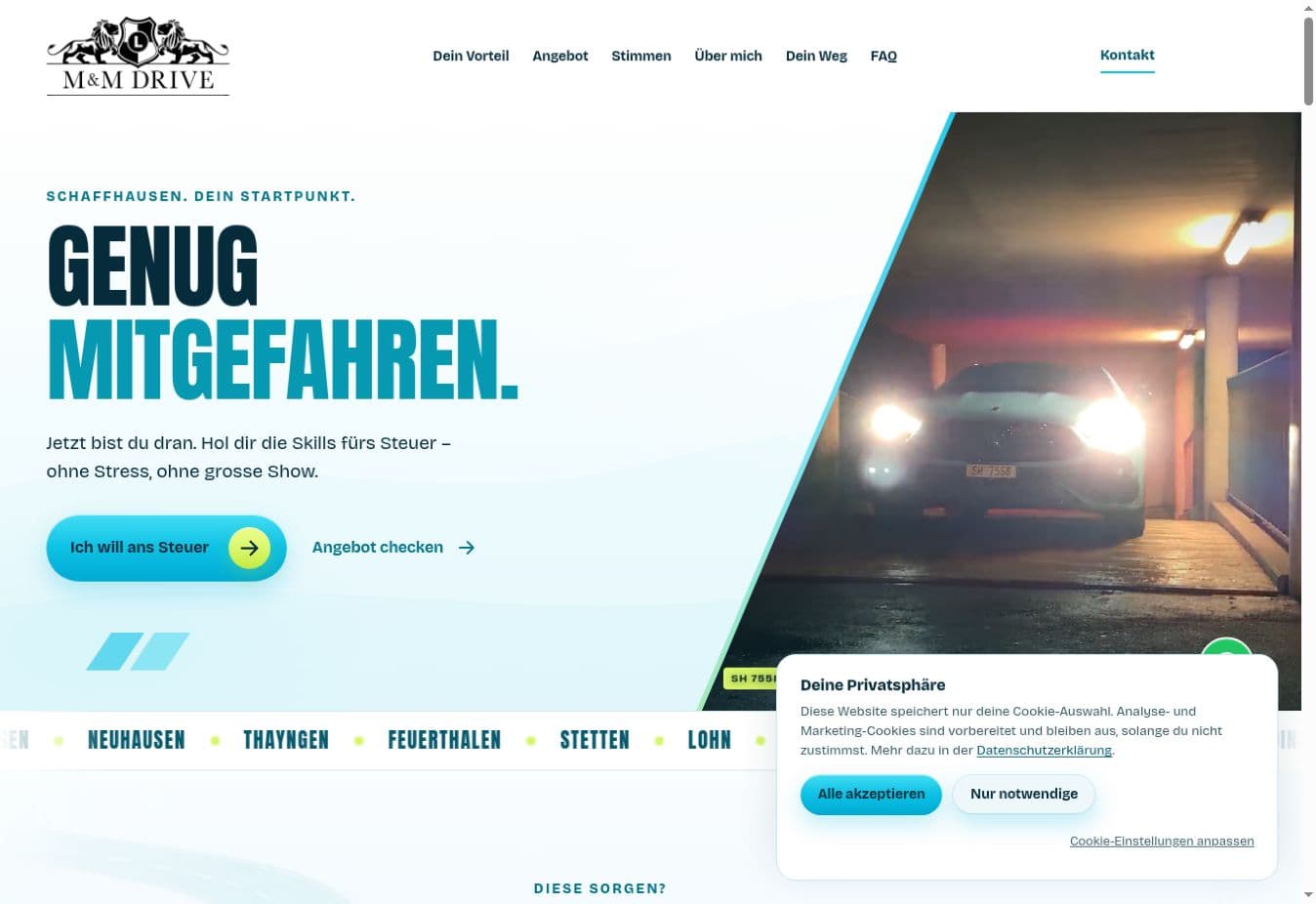 Startseite von M&M Drive mit türkisfarbenem Mercedes und dem Titel Genug mitgefahren.