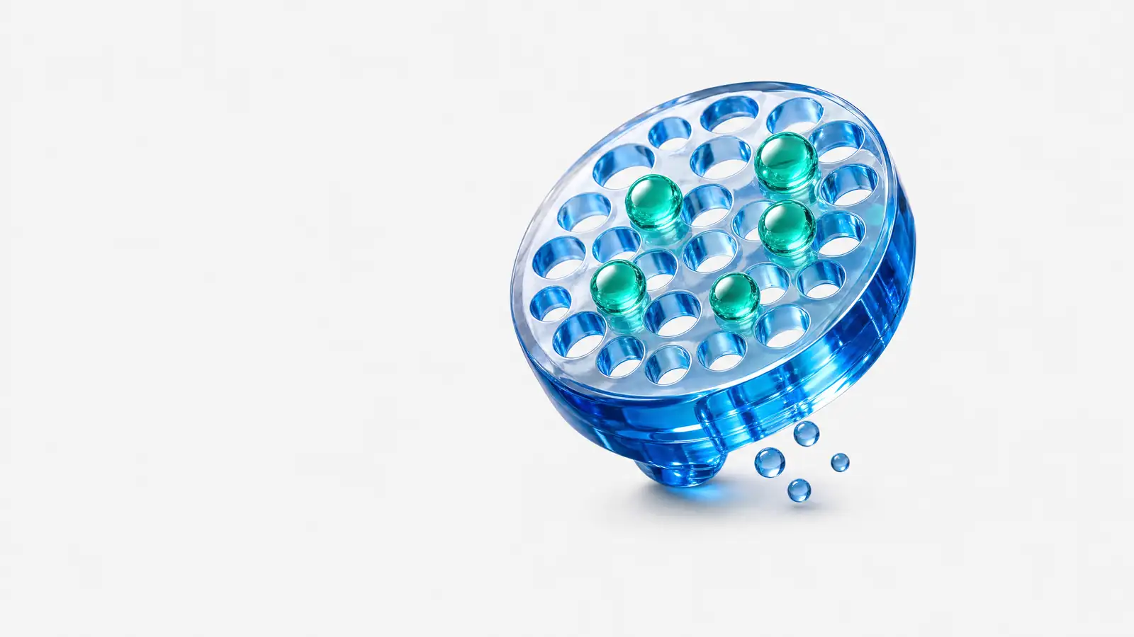 Abstract glass object in ALPENIQ blue: a tilted glass sieve holding back five spheres while smaller ones drop through beneath it, the five carrying a Growth Meadow accent