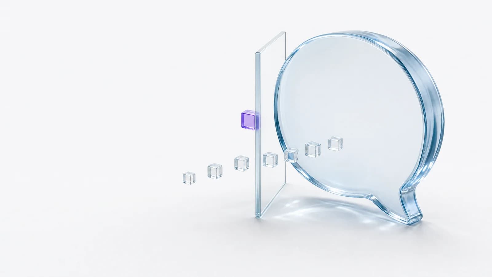 Abstract glass object in ALPENIQ blue: a glass speech bubble, with one violet cube held back at a thin pane of glass in front of it
