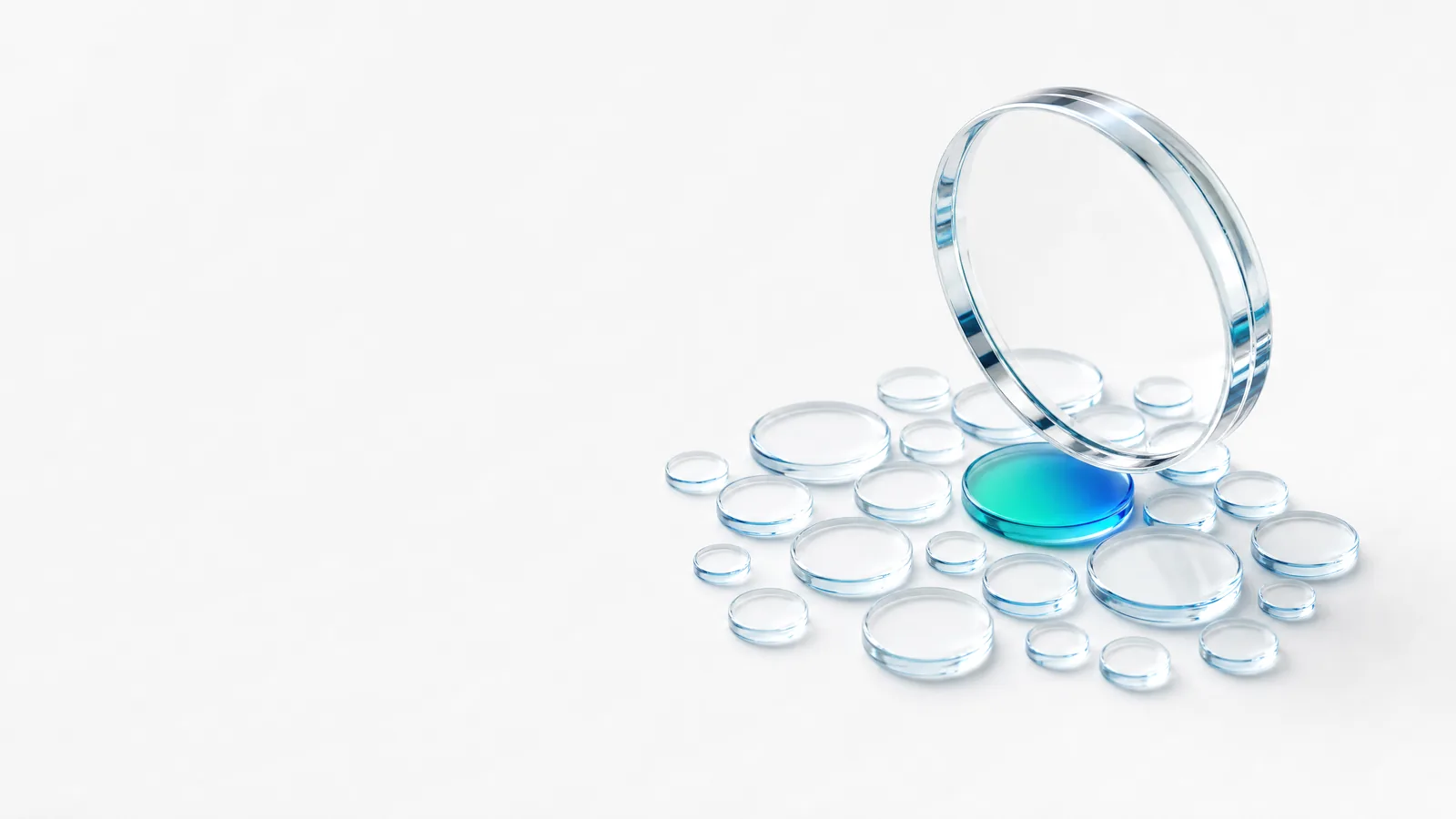 Abstract glass object in ALPENIQ blue: a glass lens above a scatter of clear glass discs, with only the disc beneath it tinted green and blue
