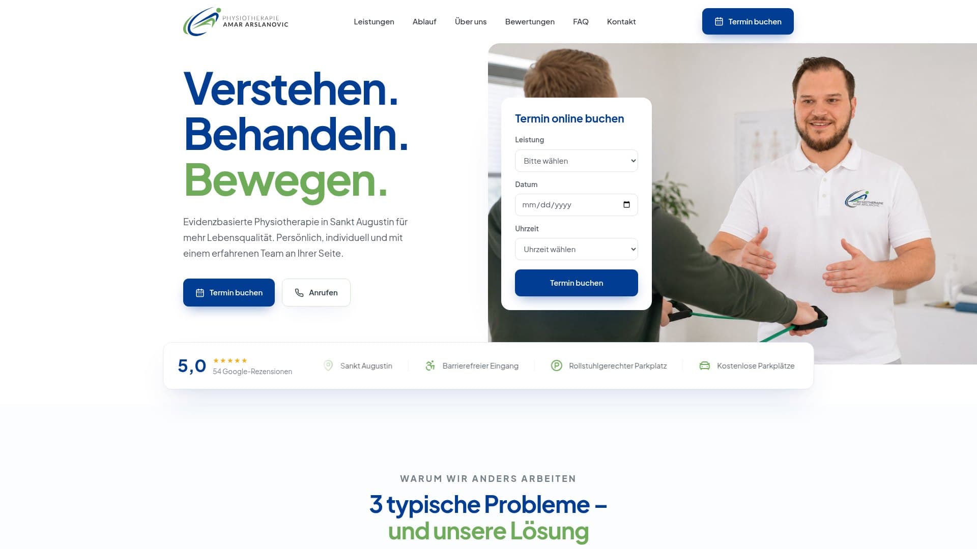 Homepage of Physiotherapie Amar Arslanovic with the appointment card in the hero