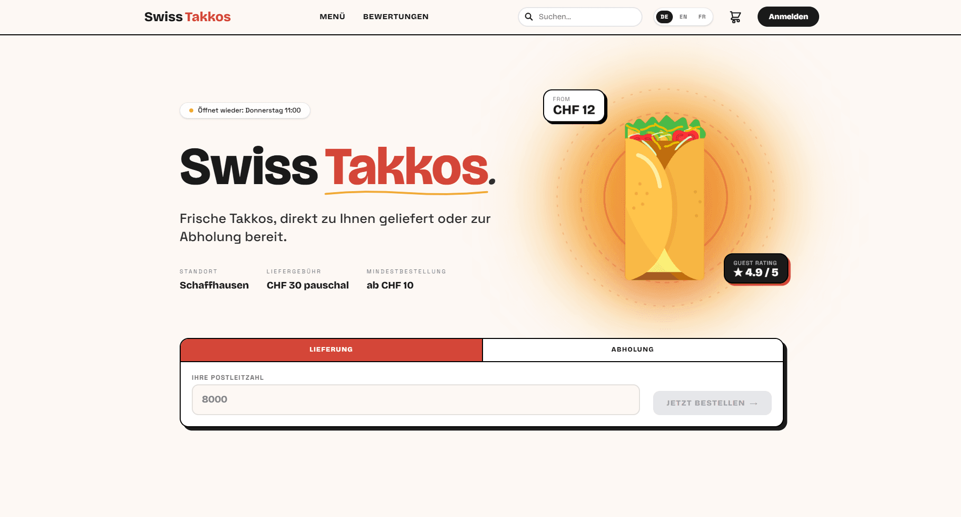 Startseite von Swiss Takkos mit der eigenen Bestell-Web-App